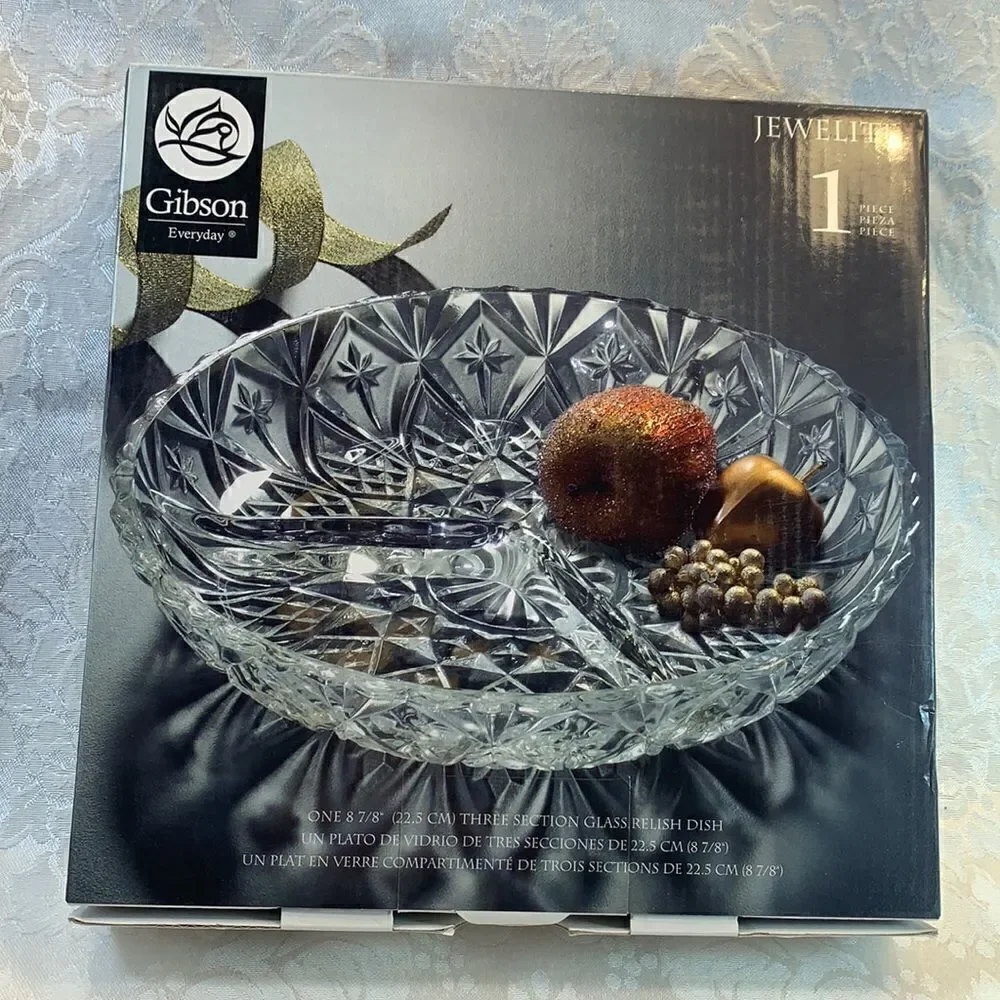 Gibson Everyday Jewelite Three Section Glass Relish Appetizer Bar Serving Dish